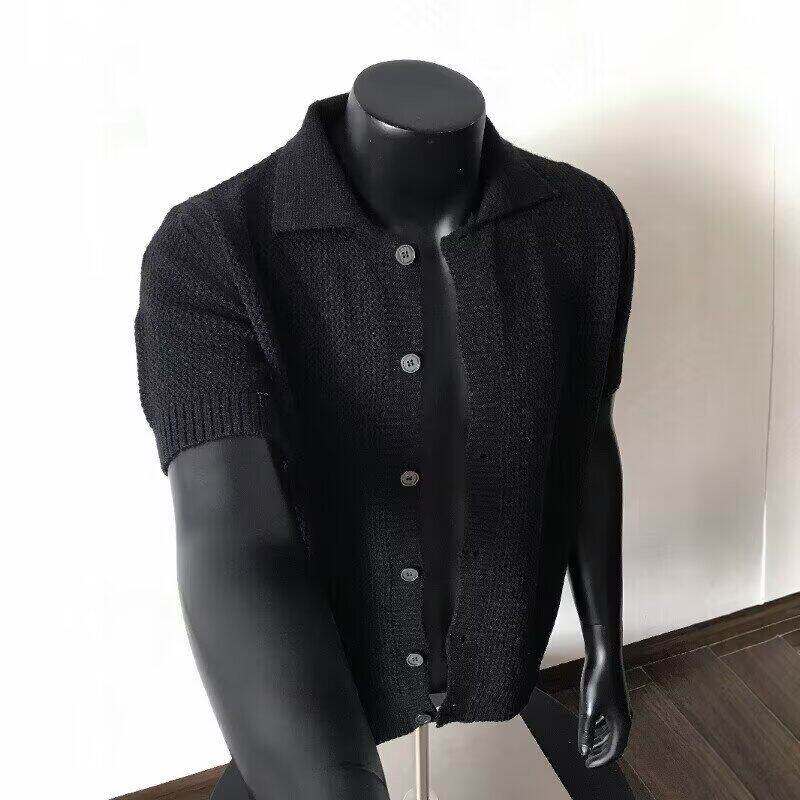 夏季老钱风镂空针织短袖衬衫男美式高级感半袖cleanfit衬衣外套潮