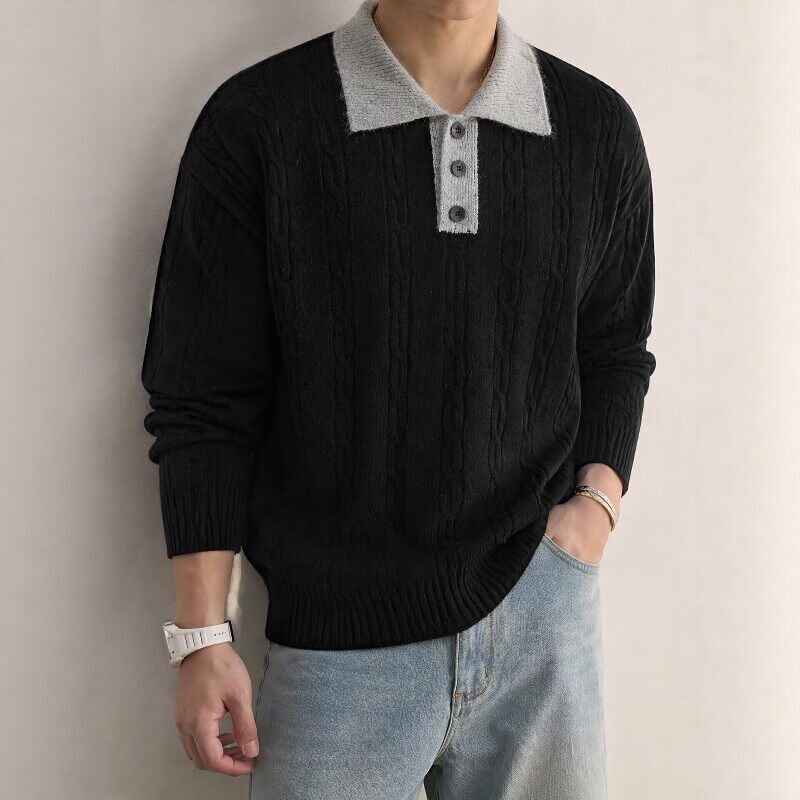 撞色polo领麻花纹针织衫男秋季