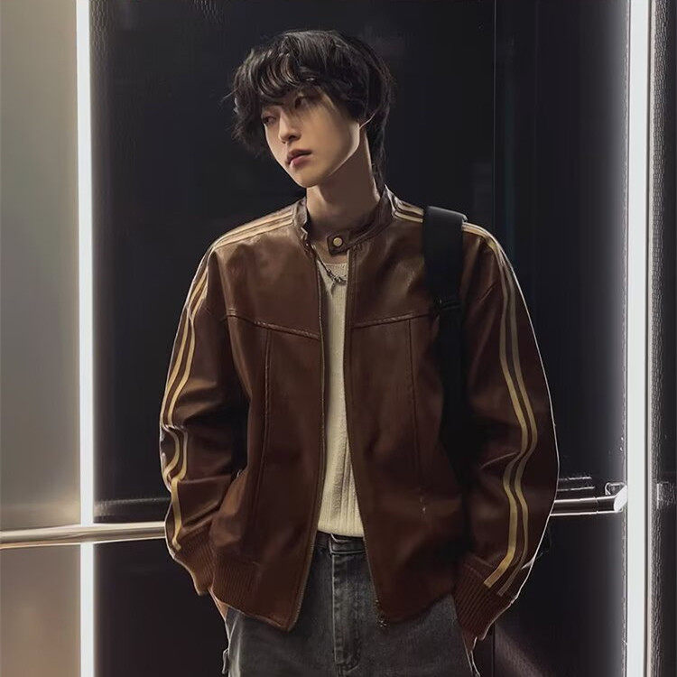 雅痞高级感黑色立领皮衣外套男秋季韩系穿搭机车服宽松短款皮夹克