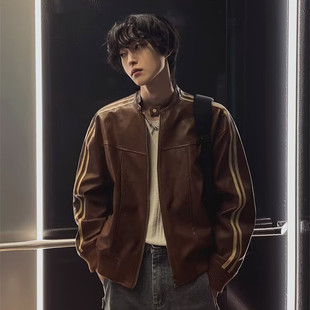 雅痞高级感黑色立领皮衣外套男秋季韩系穿搭机车服宽松短款皮夹克