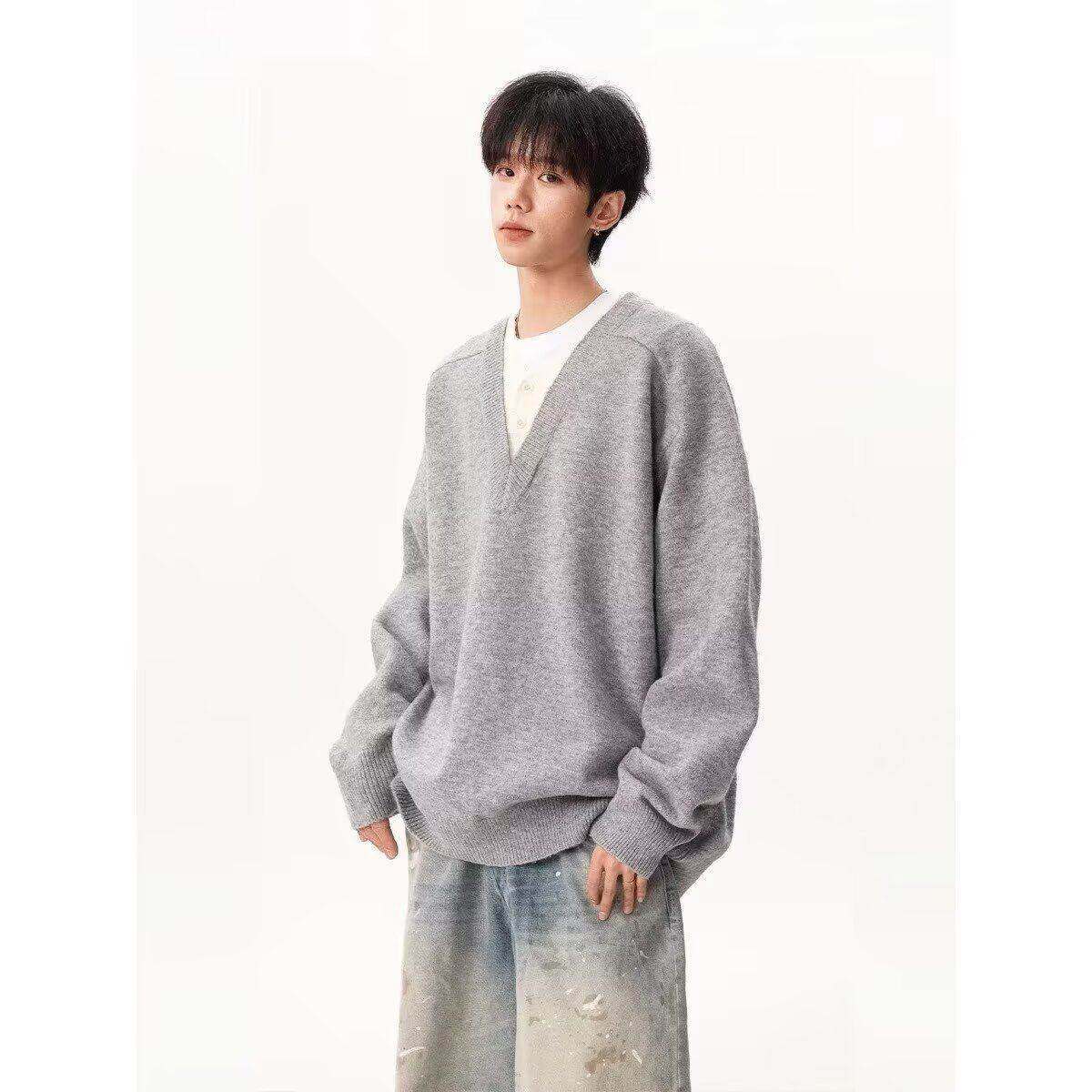 假两件V领针织衫毛衣男秋冬情侣美式慵懒风polo套头宽松长袖外套