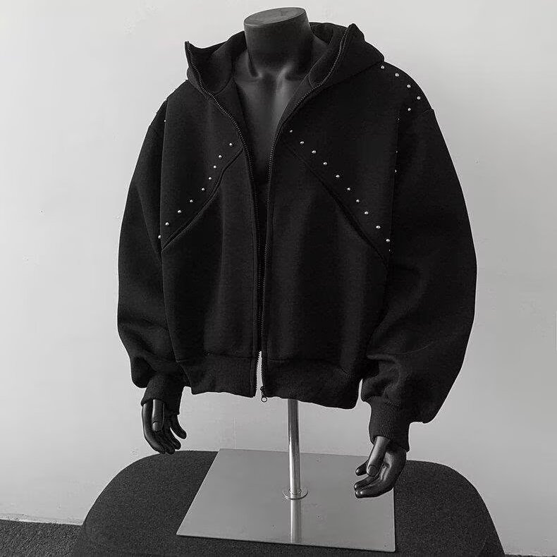 黑色美式cleanfit铆钉外套男秋冬季加绒加厚短款重磅连帽开衫卫衣