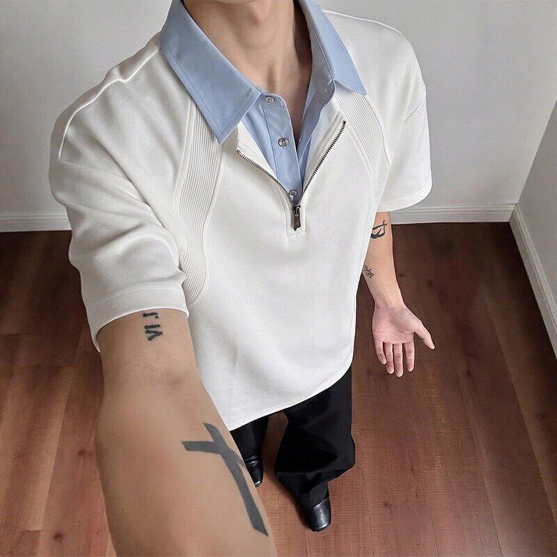 浅灰色假两件翻领短袖polo衫男款