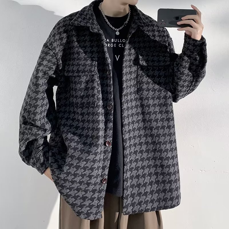 千鸟格毛呢外套男款春秋美式