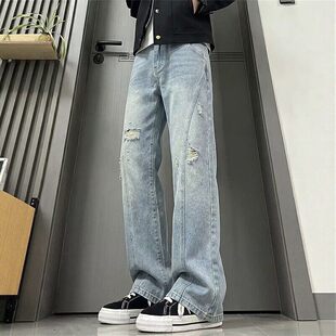 高端复古蓝破洞牛仔裤男款夏季2026新款薄款休闲裤高街直筒微喇裤