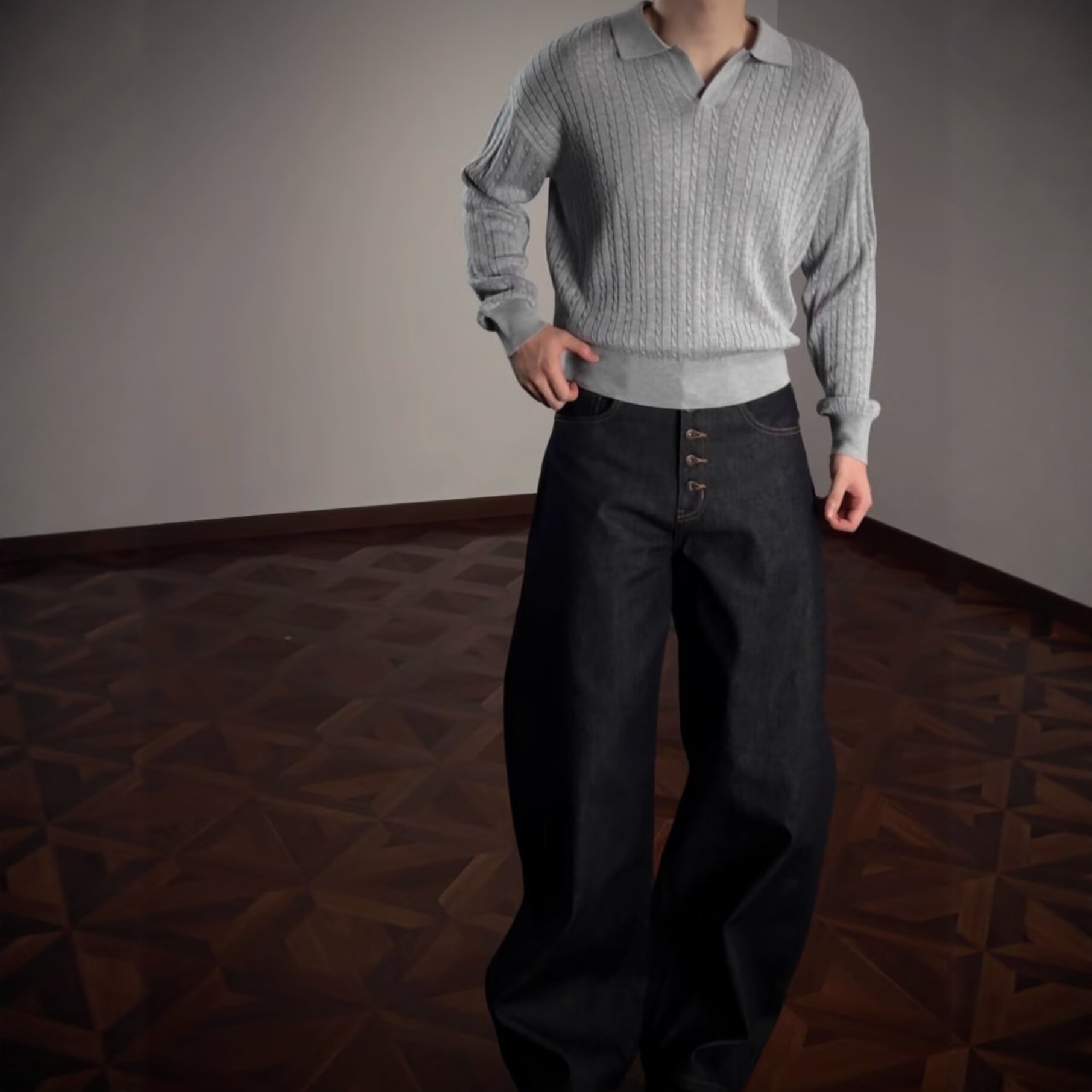 灰色假两件绞花翻领毛衣男士秋季老钱风v领针织衫慵懒风polo外套