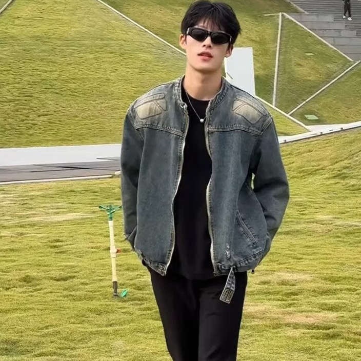 蓝色破洞垫肩牛仔外套男款设计感