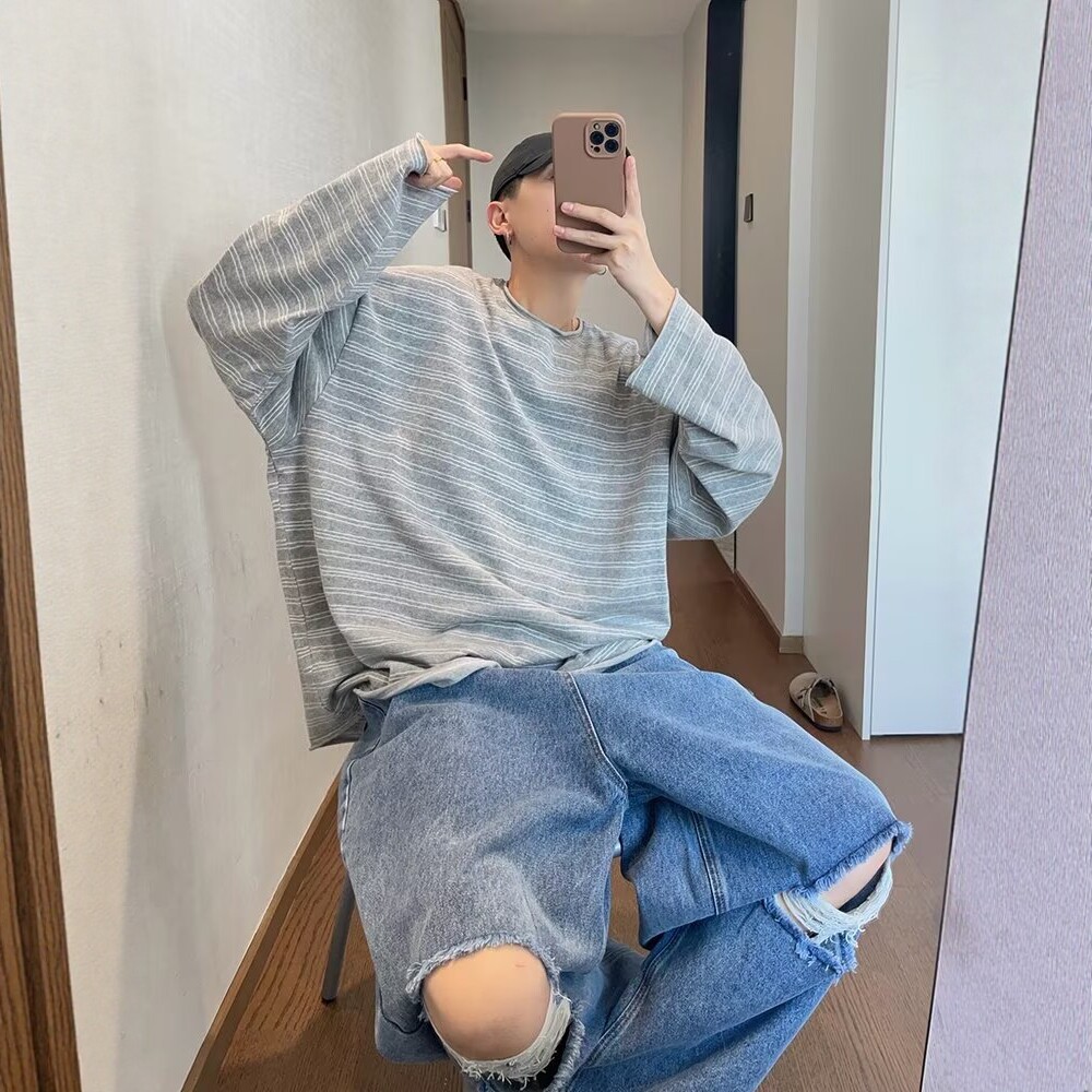 灰色卷边条纹长袖t恤男款秋季高级感慵懒风内搭卫衣高级感打底衫