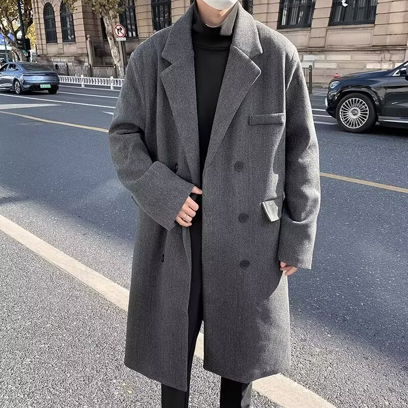 黑色中长款毛呢大衣男秋冬季韩系