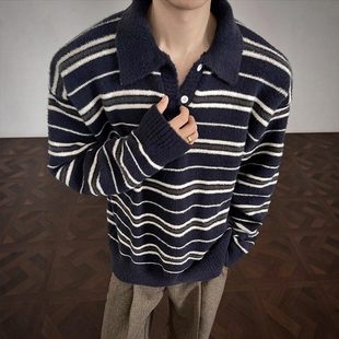 老钱风条纹撞色翻领毛衣男女秋冬季重磅保暖针织衫美式慵懒polo衫