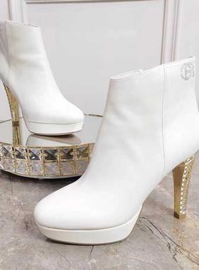 Roberta诺贝达新品舒适女鞋冬季短靴水钻细跟防水台裸靴子RA01201