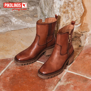 皇冠老店Pikolinos派高雁23冬侧拉链圆头粗高跟优雅短靴PA238002