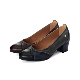 皇冠老店正品Pikolinos派高雁牛皮拼色浅口粗跟通勤单鞋PL220715