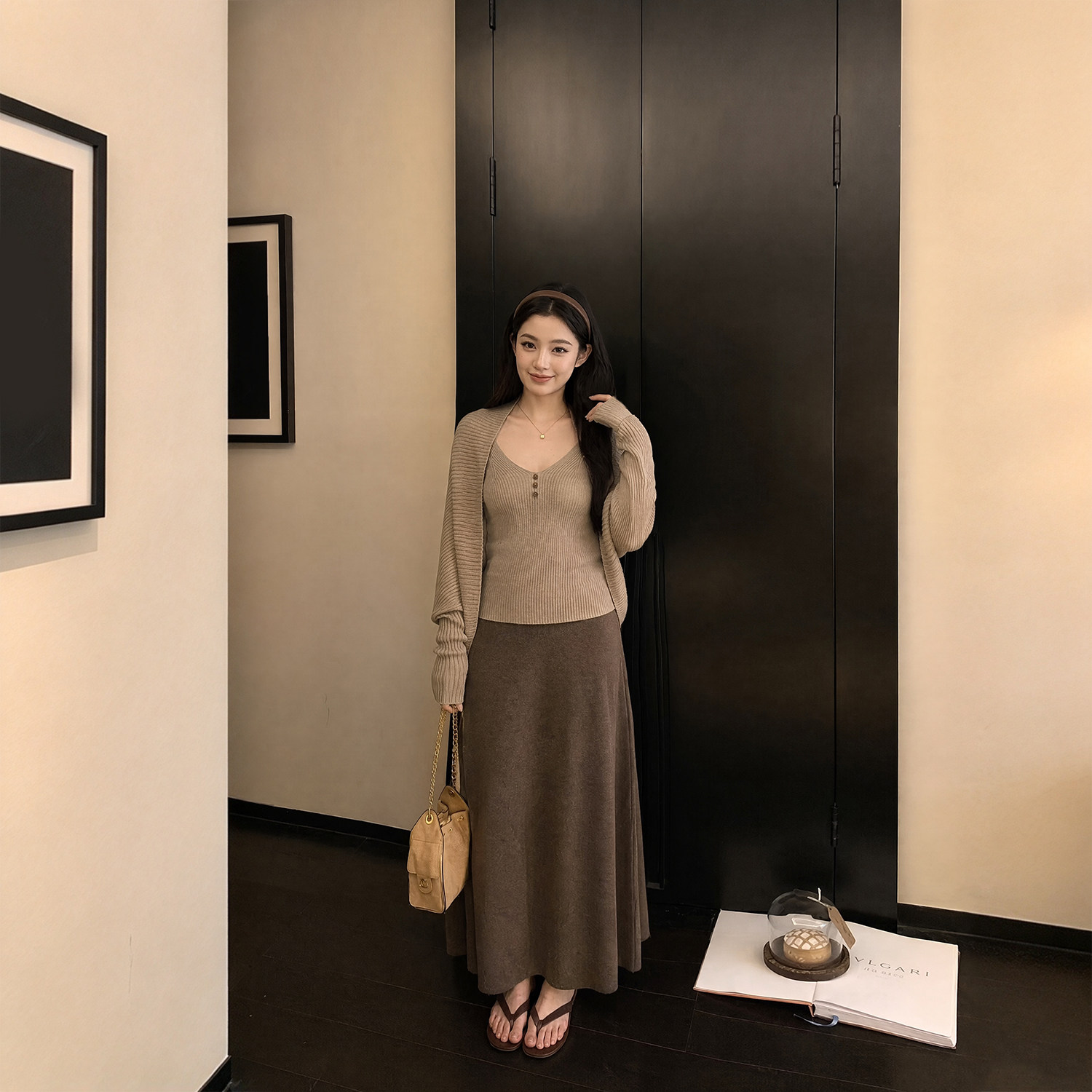 Tinglikes大码女装胖mm秋季韩系慵懒风V领开衫背心半身裙三件套女
