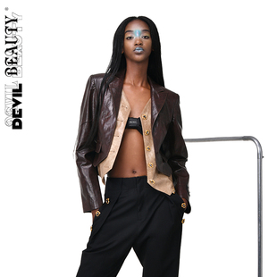 【现货】DevilBeauty新款假两件美拉德皮衣女撞色上衣环保皮外套