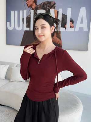 尚品秀9822秋季新连帽长袖纯色修身显瘦百搭打底衫女上衣梦奥8009