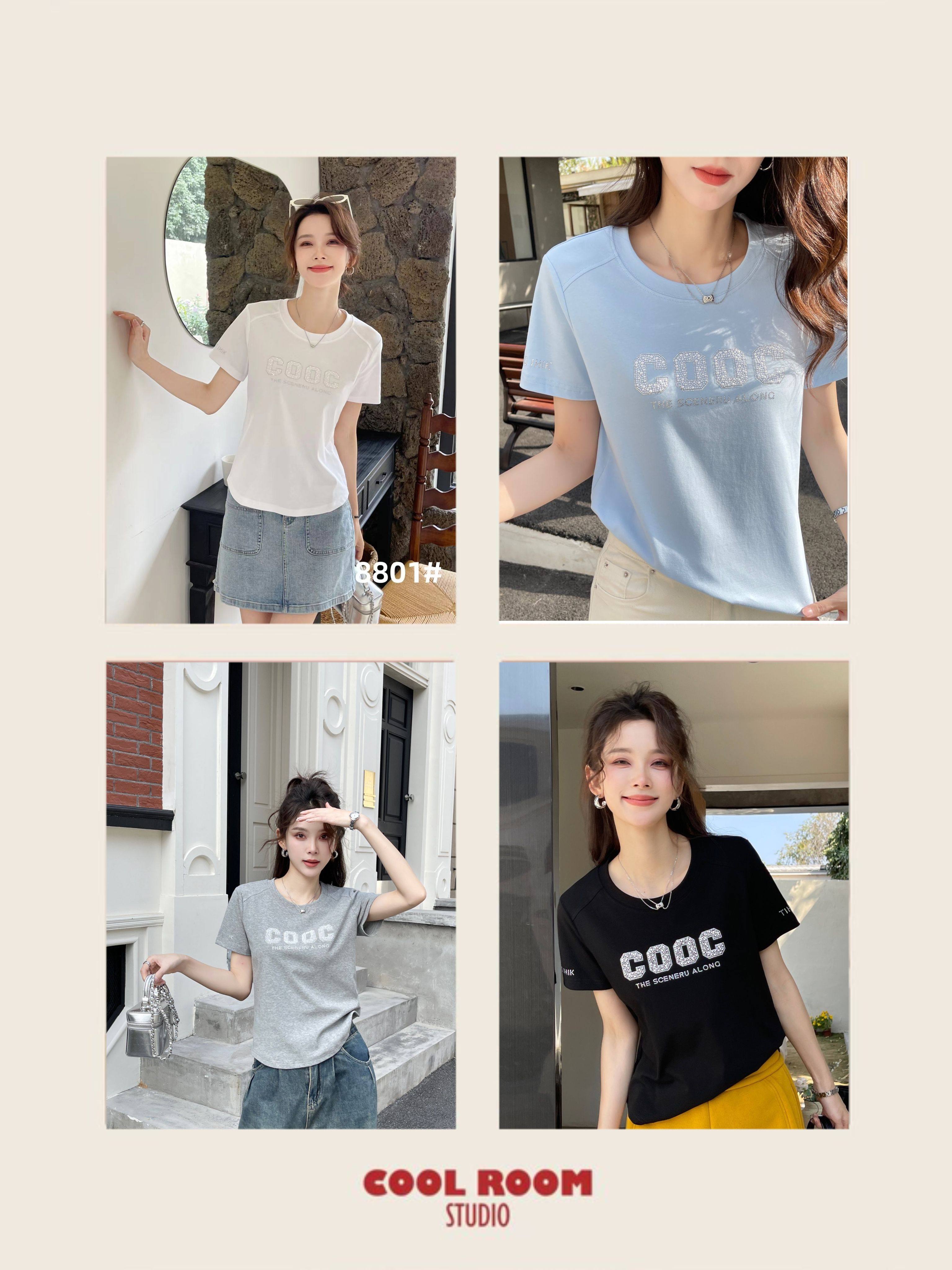 梦奥8501时尚字母烫钻尚品秀8801短袖T恤女2025夏款正肩显瘦圆领