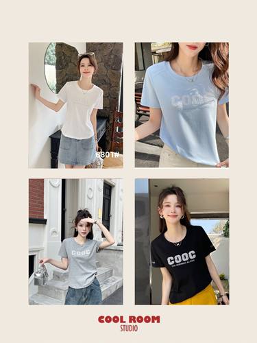 梦奥8501时尚字母烫钻尚品秀8801短袖T恤女2025夏款正肩显瘦圆领