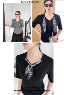 梦奥8611新韩版V领时尚丝巾百搭显瘦五分袖上衣尚品秀9908女打底