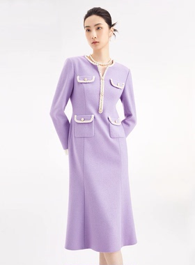 珂莱商场同款2025冬季新款女装紫色气质收腰钉珠香风羊毛呢连衣裙