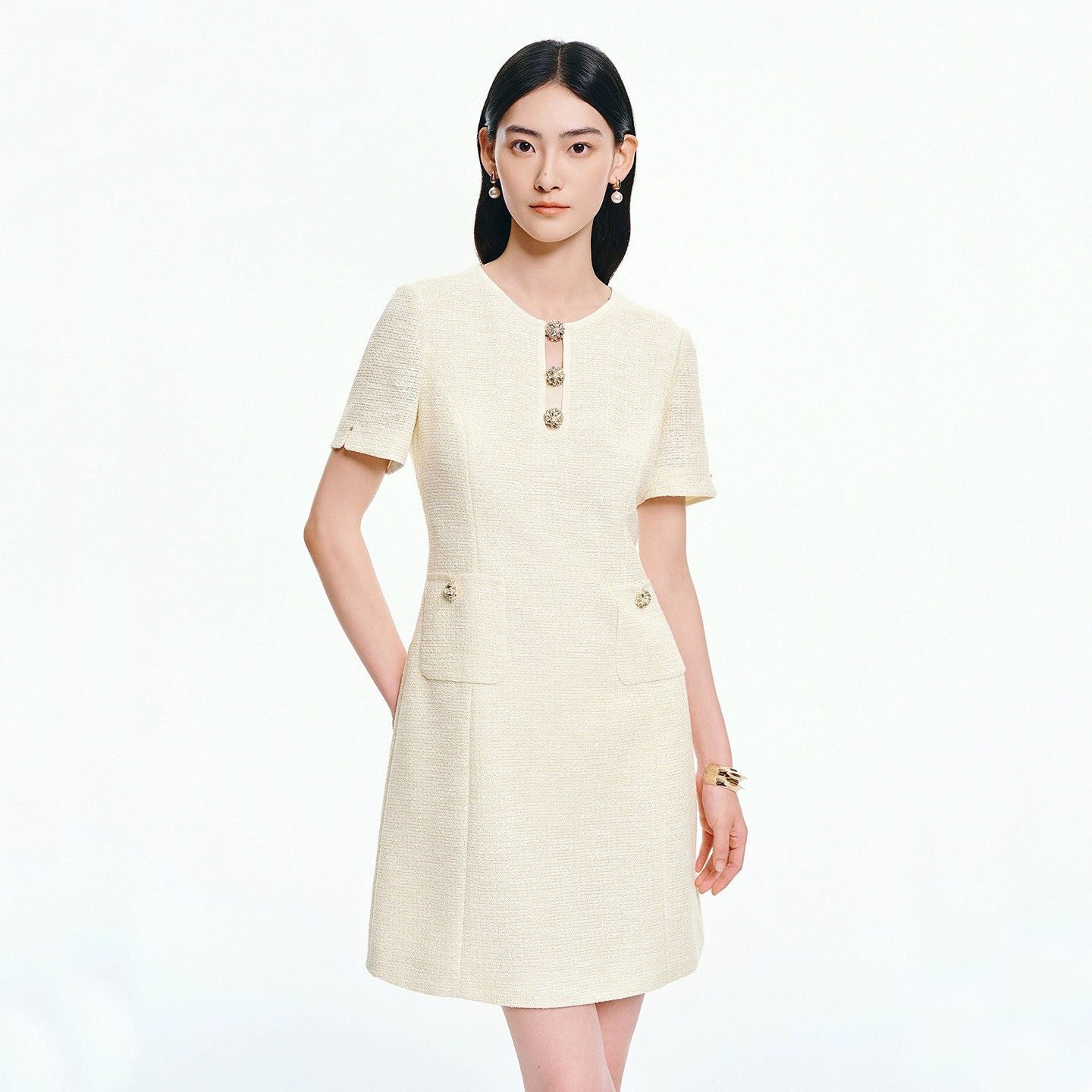 珂莱商场同款2026夏季新款女装优雅圆领香风短袖连衣裙KF13321E1