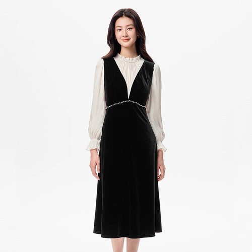 优雅拼接收腰假两件丝绒连衣裙