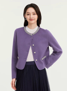 珂莱商场同款2025冬季新款女装紫色百搭小香风羊毛双面呢大衣外套