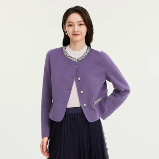 珂莱商场同款2025冬季新款女装紫色百搭小香风羊毛双面呢大衣外套