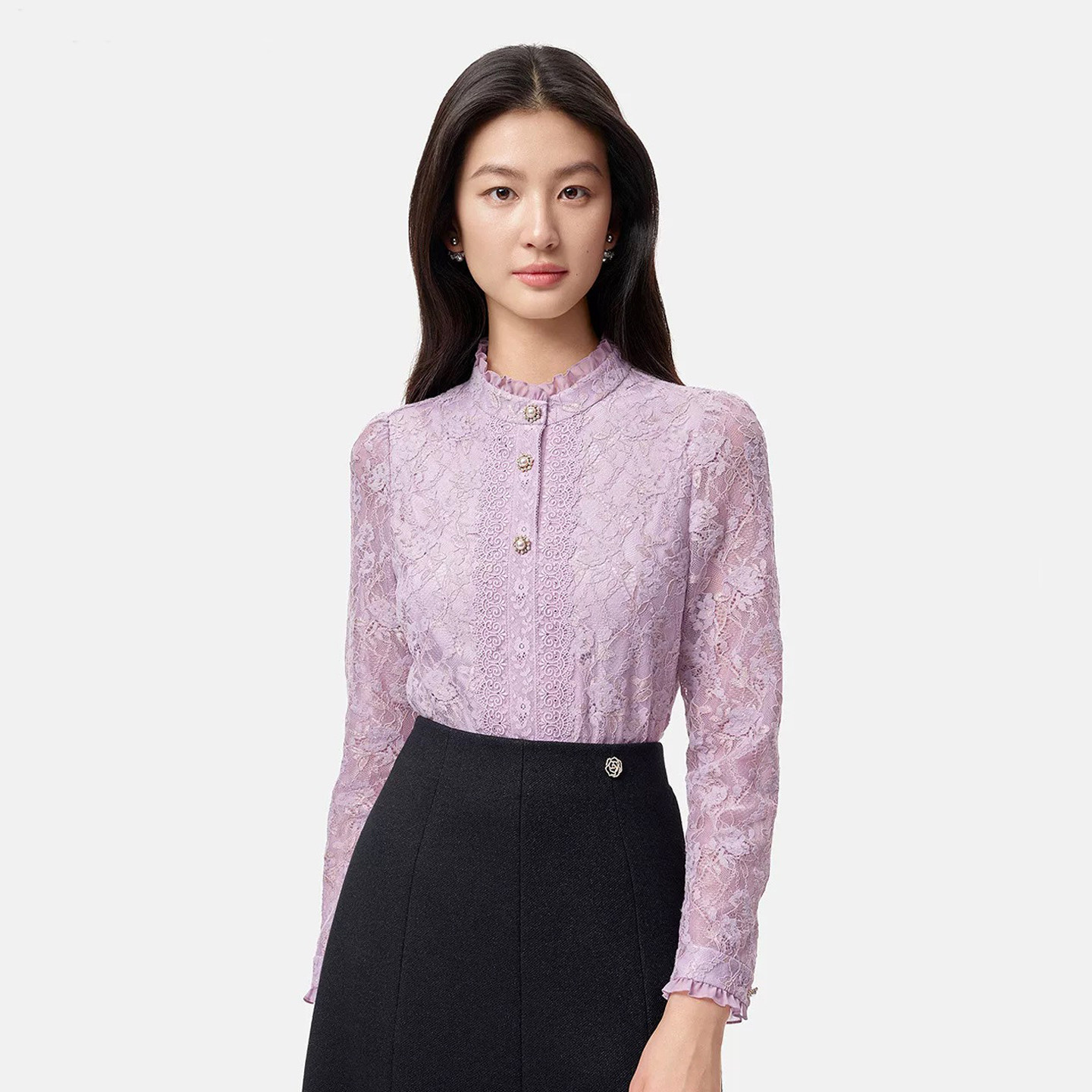 珂莱商场同款2025秋季新款女装法式紫色圆领玫瑰蕾丝长袖衬衫上衣,女装/女士精品,衬衫,淘宝优惠券,粉丝福利购,淘宝优惠卷