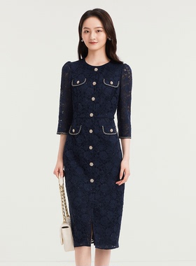 珂家商场同款2025秋季新款女装气质收腰法式蕾丝连衣裙KF12395P8