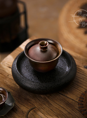 柴烧三才盖碗套装老岩泥品茗茶杯纯手拉复古公道杯分茶器泡茶碗组