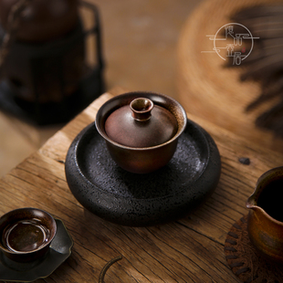 老岩泥品茗茶杯纯手拉复古公道杯分茶器泡茶碗组 柴烧三才盖碗套装