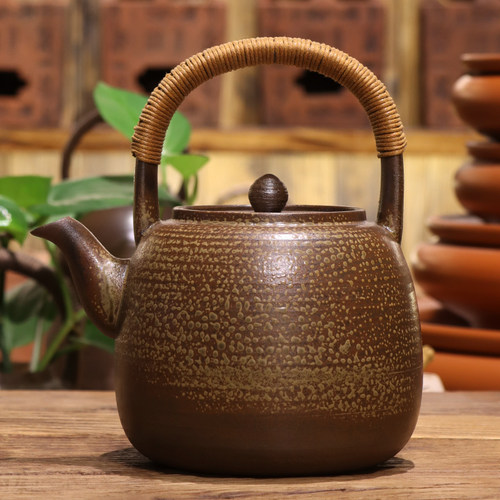 柴烧老岩泥提梁煮茶壶烧水壶