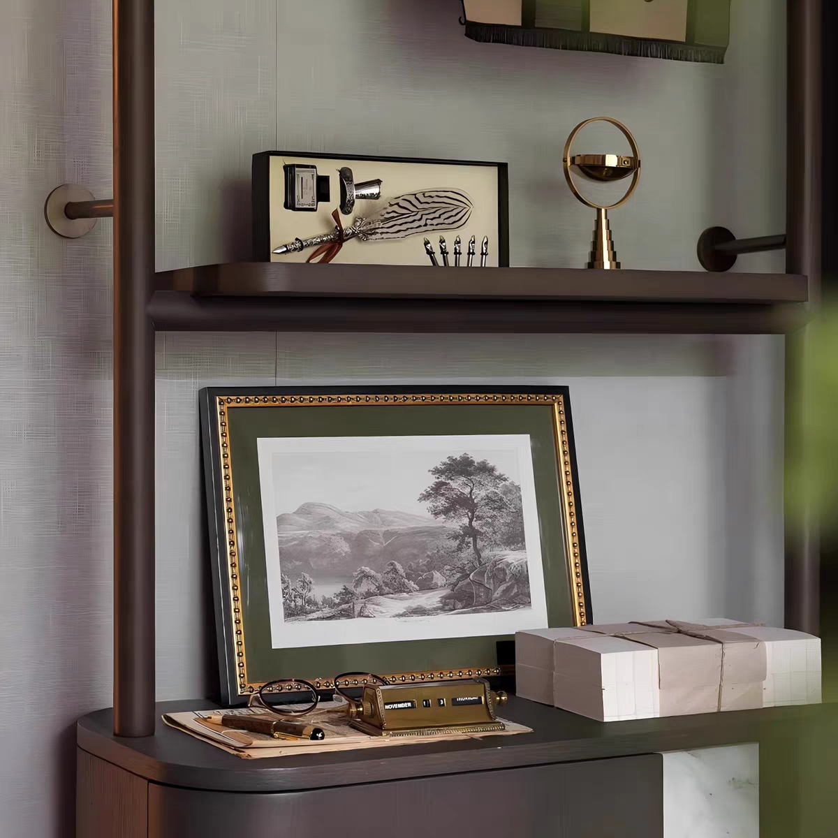 轻奢风高级感样板间售楼处摆件中古风书房书柜背景柜壁柜软装组合