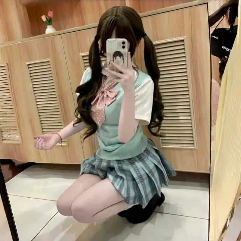 jk制服【璃海】格裙正版学院风校供感日常半身百褶裙蓝绿色裙女夏