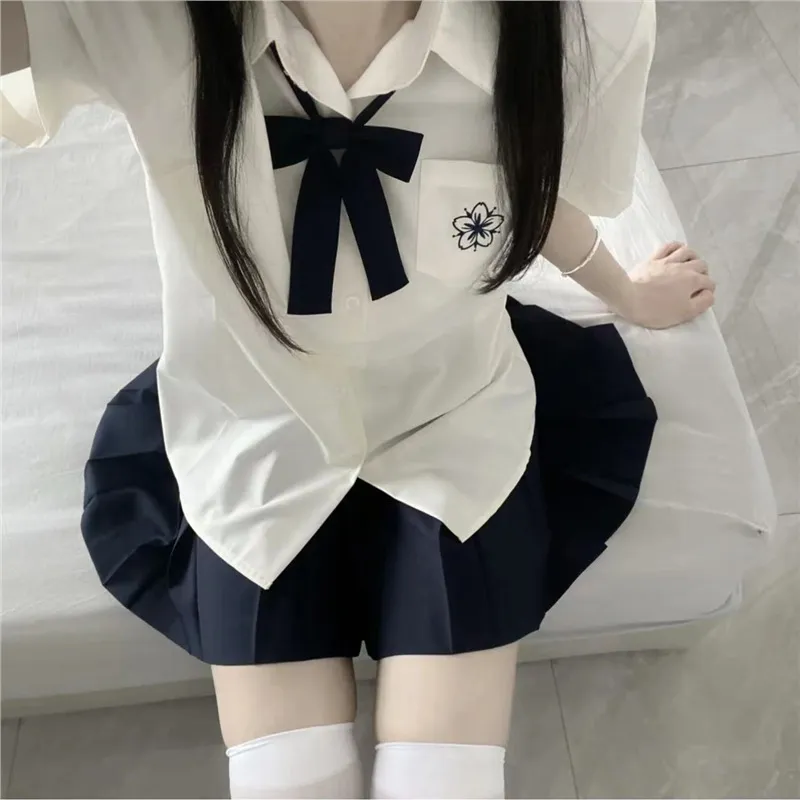 jk制服原创樱木北短袖衬衫日系白蓝色刺绣女衬衣基础款夏季裙套装