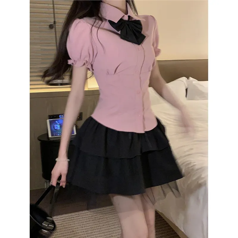 小个子套装学院风短裙半身裙夏季裙子日系JK制服短款衬衫女三件套