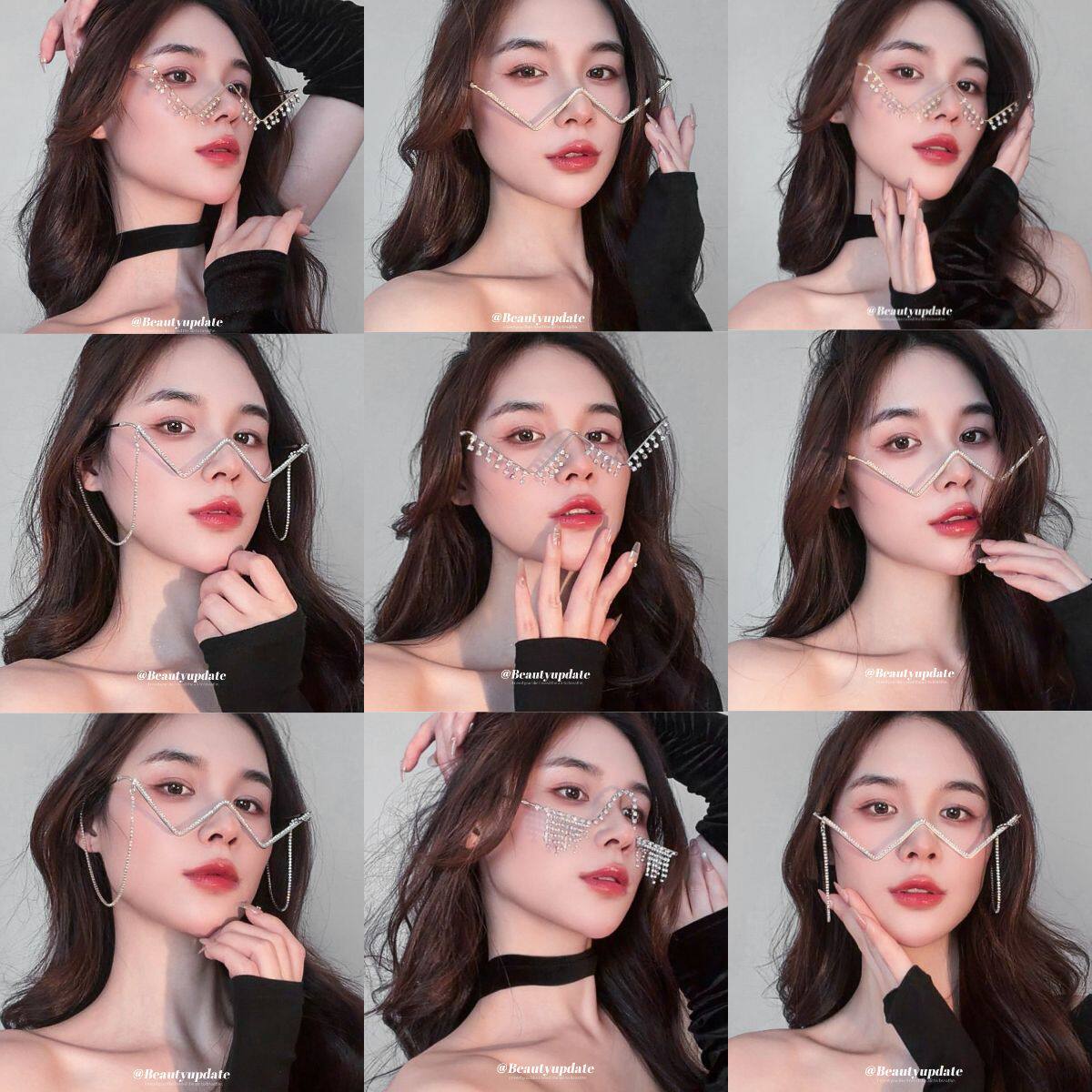 个性无片镶钻流苏W型眼镜女跨境欧美ins风潮流半框街拍装饰镜架女