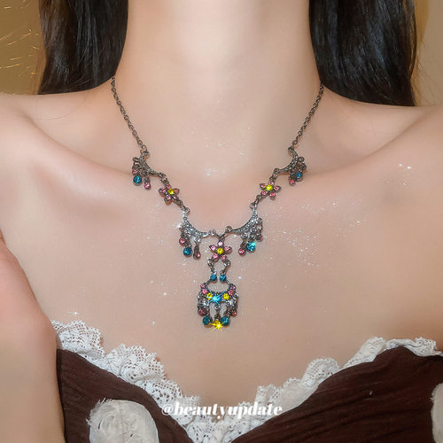 异域风华~敦煌风镶钻花朵流苏项链小众设计感锁骨链时尚复古颈链