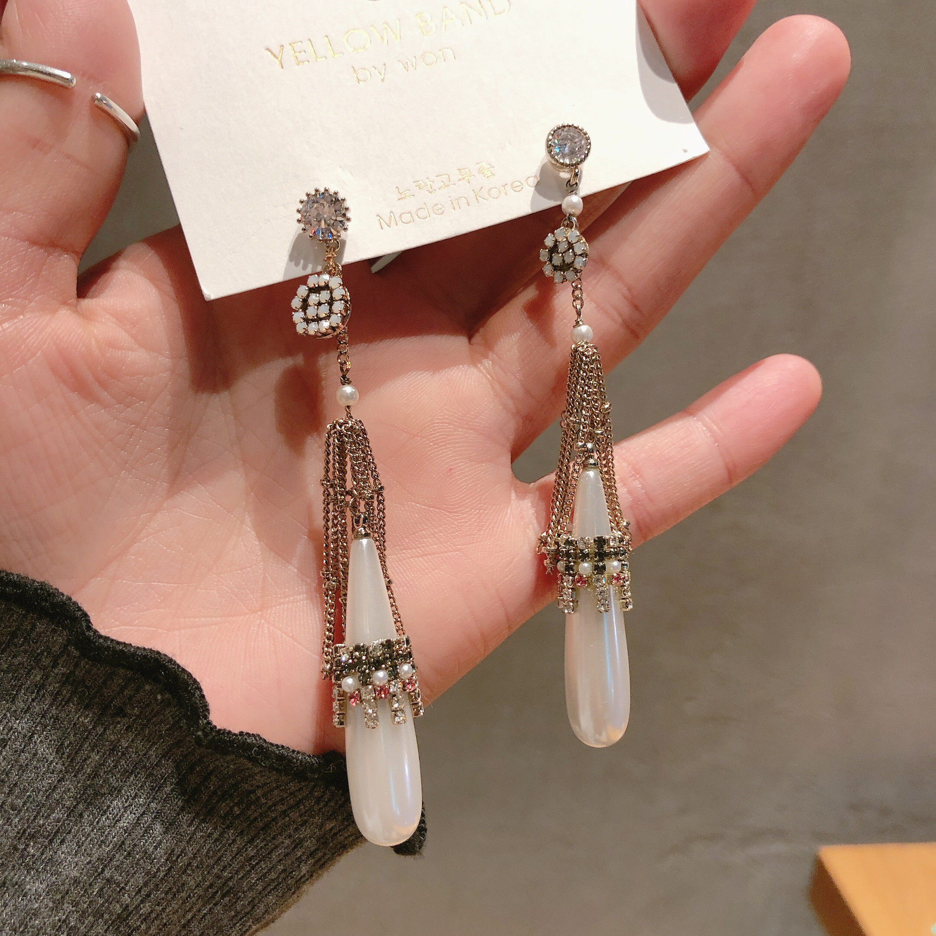 S925银针韩国东大门款手工轻奢钻饰原石花瓣钻链珠珠大水滴耳环