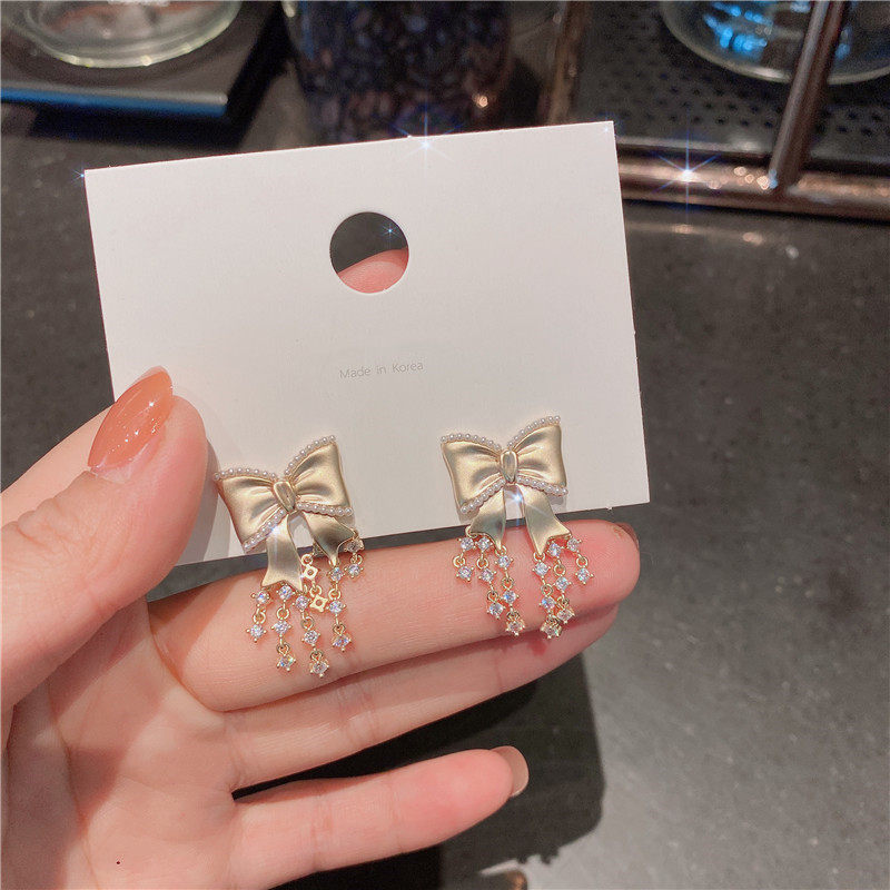 925银针耳钉蝴蝶结耳环小香风耳饰韩国微镶流苏复古耳坠耳饰