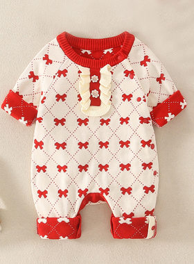 新生儿用品婴幼童衣服秋冬公主女宝针织毛线衣百天满月过年拜年爬