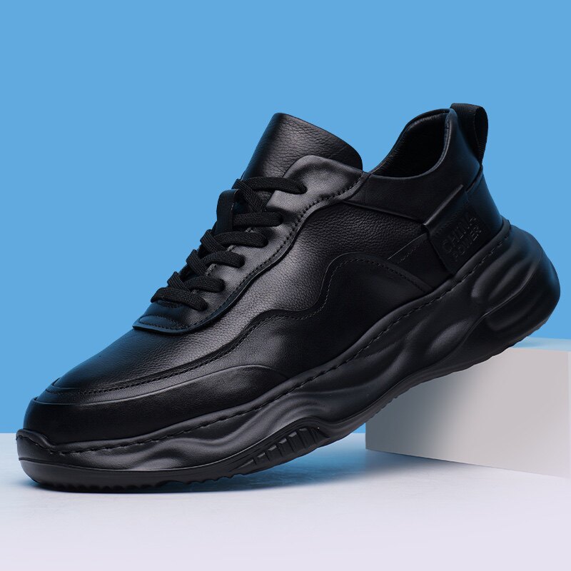 男鞋真皮春秋新款休闲运动鞋子男士牛皮韩版百搭厚底防滑老爹潮鞋
