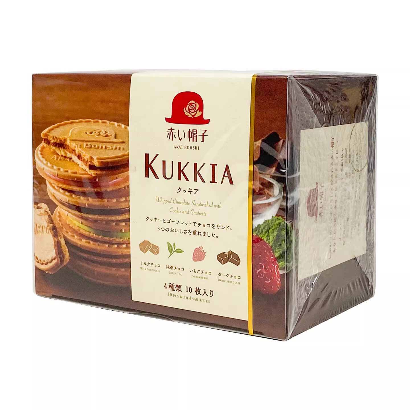 日本进口阡朋红帽子牛奶巧克力味夹心饼干袋装抹茶味薄脆10枚入