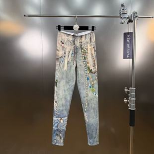 外穿打底裤 复古印花仿牛仔修身 设计感街头风 美式 柚子mm2026年春季