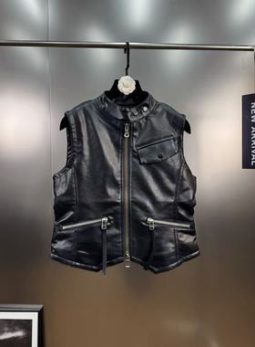 柚子mm秋冬季女装修身PU皮马甲内衬加棉黑色拉链上衣短款夹克背心