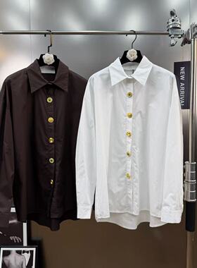 柚子mm2025年冬季法式优雅廓形翻领长袖金属扣设计感气质通勤衬衫