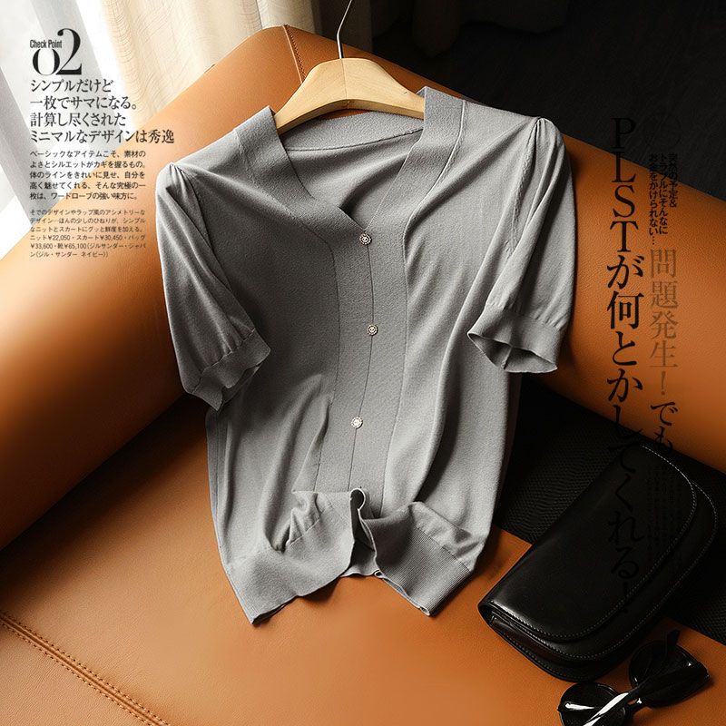 钻扣点缀V领短袖套头针织衫