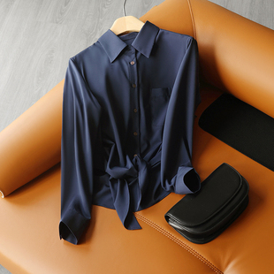 高阶穿搭 飒爽利落 客订莫代尔面料 下摆打结长袖春装衬衫女 宽松