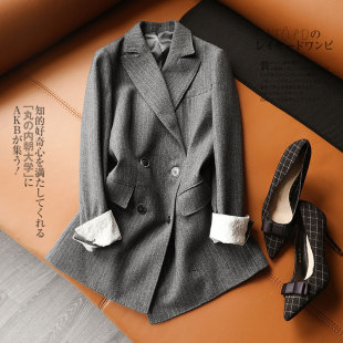 质感爆棚 外套 高级灰竖条亮丝点缀 西装 女 双排扣毛呢修身 气质OL